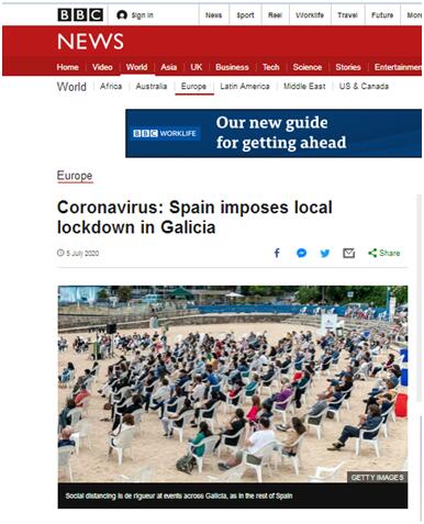 BBC报道称，新冠疫情下，西班牙加利西亚实施局部封锁