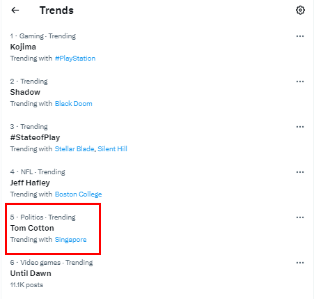 社交平台X美国地区“热搜榜”截图，“汤姆·科顿”和“新加坡”话题标签在列