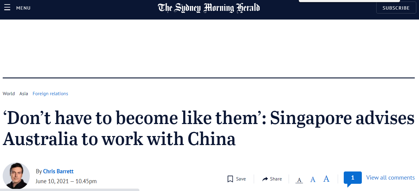 《悉尼先驱晨报》：“不必变得像他们一样”，新加坡建议澳大利亚与中国合作