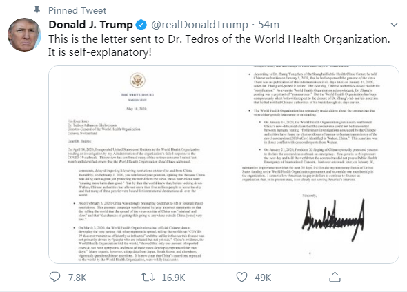 特朗普发推并置顶：“这是写给世界卫生组织总干事谭德塞博士的信。这无须解释！”