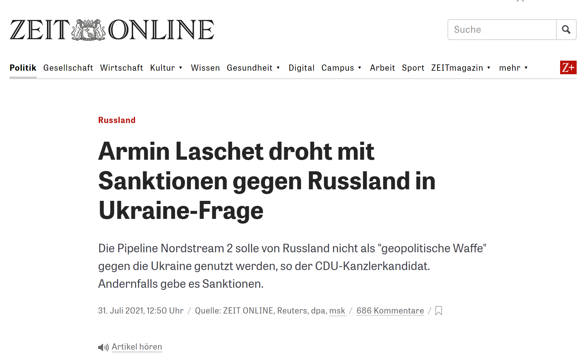 德国《时代周报》报道截图