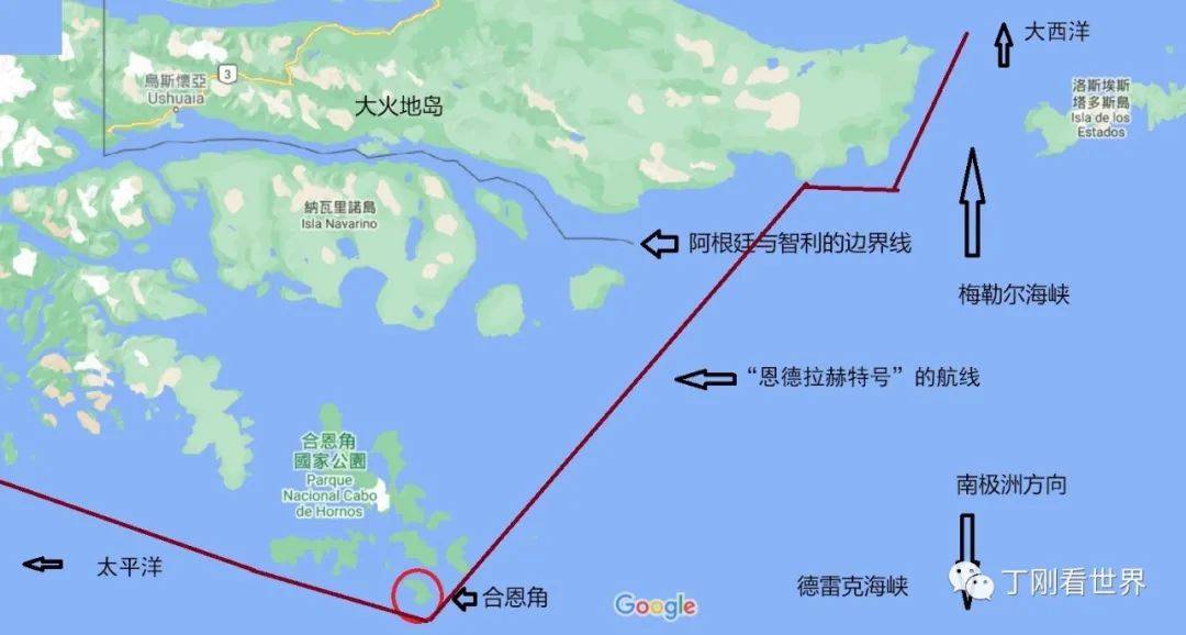 恩德拉赫特号绕过合恩角的路线 