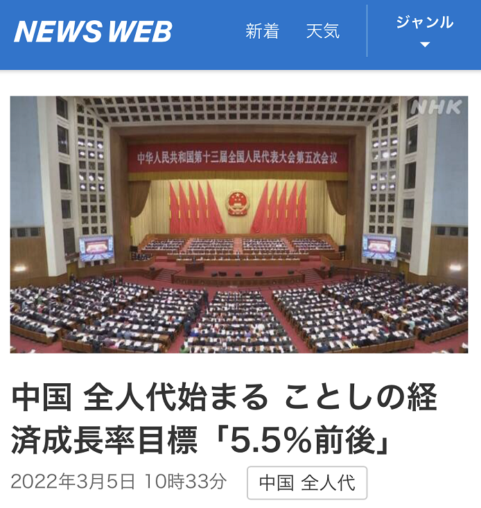 NHK：中国全国人民代表大会开始，今年的GDP增长目标设在“5.5%左右”