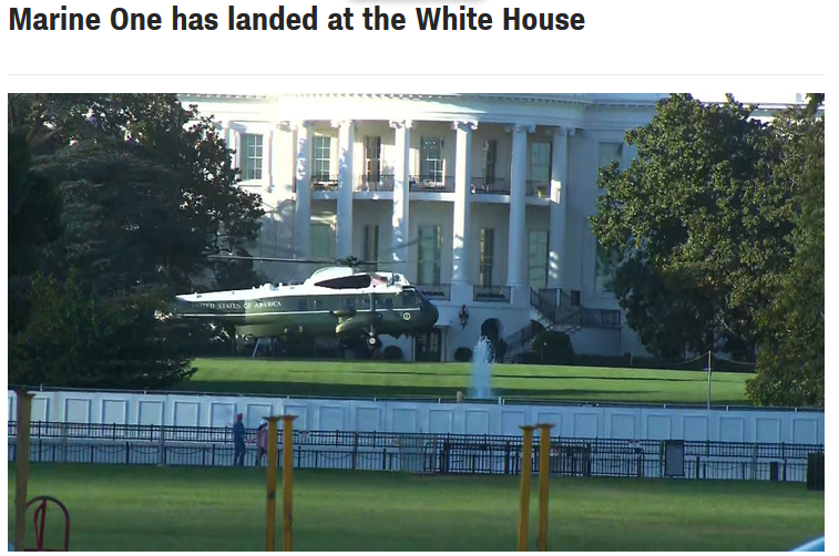CNN称，当地时间2日下午，海军陆战队一号直升机降落在白宫草坪。