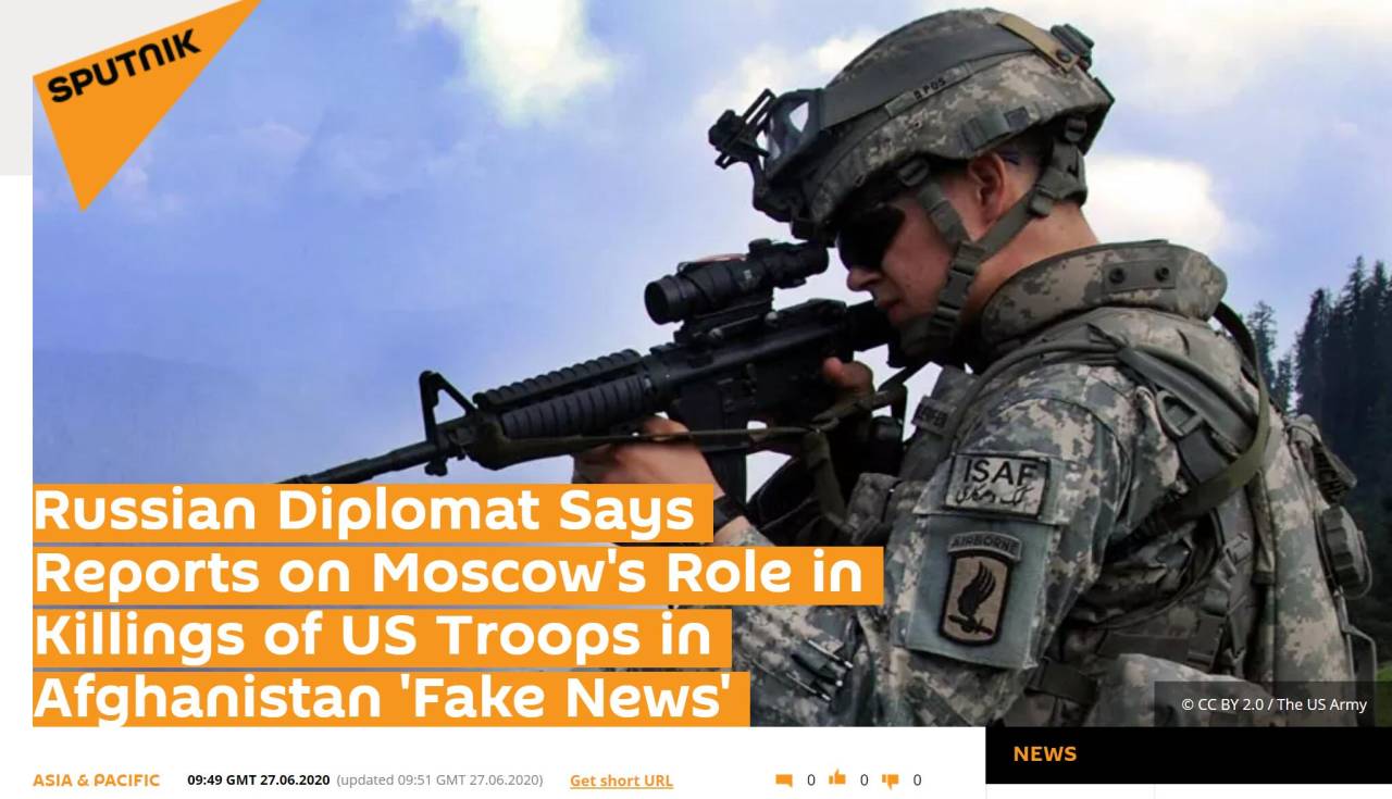 俄罗斯卫星通讯社：俄罗斯外交官称，有关莫斯科参与杀害驻阿富汗美军的报道是“假新闻”