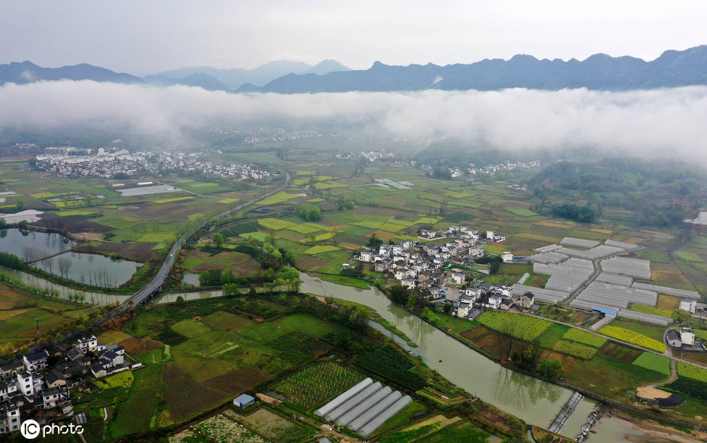 安徽黄山阡陌田园在云海中若隐若现雨后乡村景如画