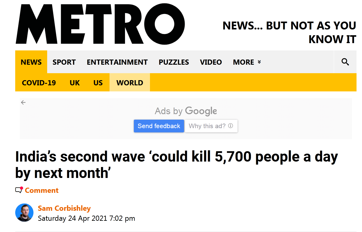 《地铁报》：印度第二波（疫情）“可能将使下个月每天5700人死亡”