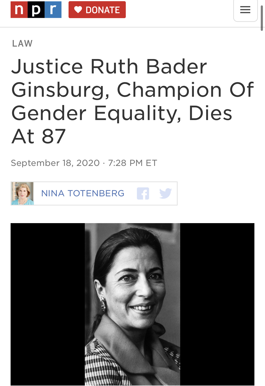 NPR：性别平等的捍卫者、大法官露丝·巴德·金斯伯格去世，终年87岁