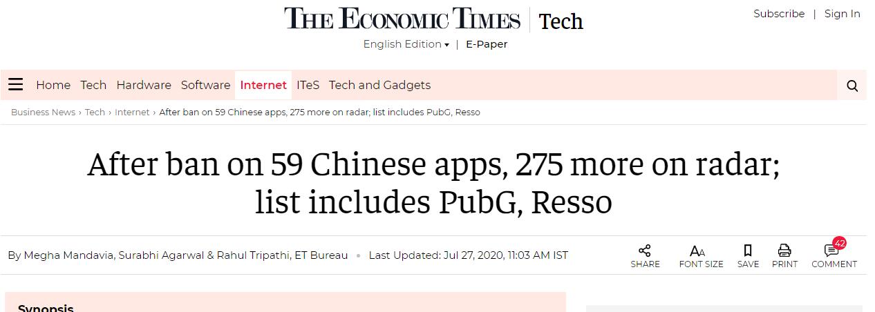 《经济时报》：禁用59款中国APP之后，印度将对另外275款中国APP进行审查，绝地求生及Resso也在名单之上