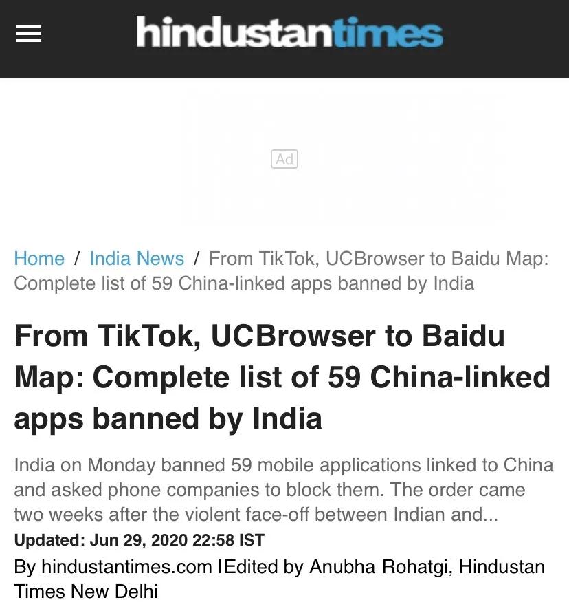 《印度斯坦时报》：“从Tik Tok、UC浏览器到百度地图：印度禁止的59个与中国相关的应用程序完整列表”