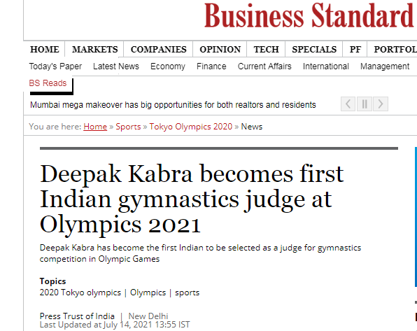 印度《商业标准》：迪帕克·卡布拉成为2021年奥运会上首位印度体操裁判