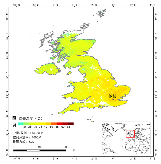 2022年7月18日风云三号D星英国地表温度监测图 来源：国家卫星气象中心