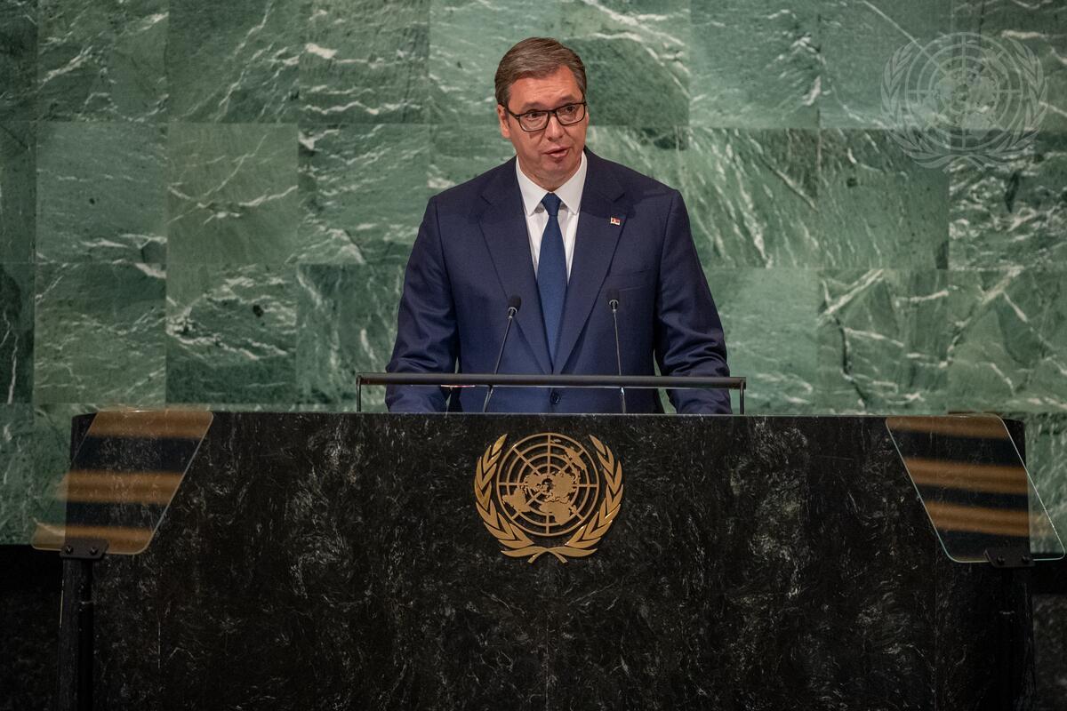 塞尔维亚总统武契奇21日在第七十七届联合国大会一般性辩论上发言。