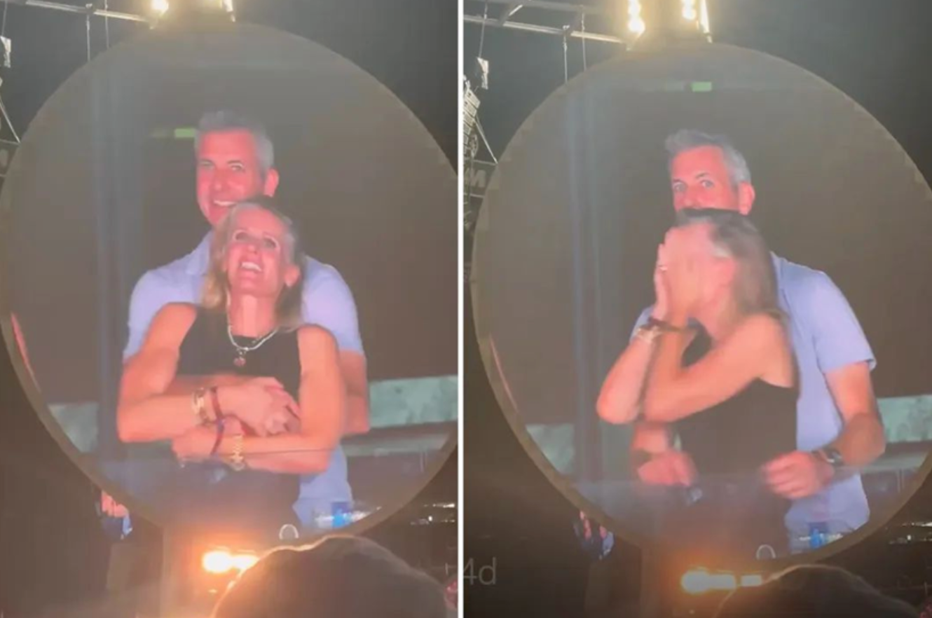 当地时间16日，安迪·拜伦与卡伯特在“酷玩乐队”演唱会上亲密搂抱。图自外媒