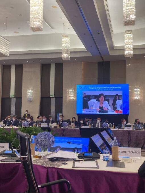 美代表在APEC贸易部长会议上发言时，俄代表的座位是空的。图源：俄经济发展部Telegram账号