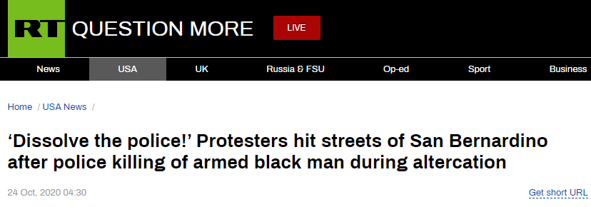 RT：“解散警察！”警察在争执中击毙持械黑人男子后，抗议者走上圣贝纳迪诺街头