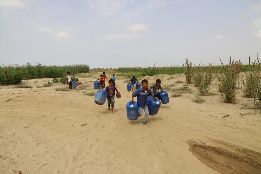 3月22日，在也门哈杰省一处农村，儿童们拎着水桶去打水。连年战乱导致也门日常饮用水供应严重短缺。新华社发（穆罕默德摄）