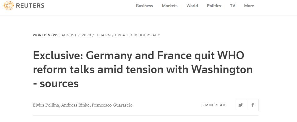 路透社：消息人士称，与华盛顿紧张局势加剧之际，德国和法国退出世卫组织改革谈判