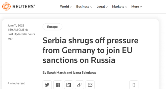 路透社：塞尔维亚对德国要求其加入欧盟对俄制裁的压力不屑一顾