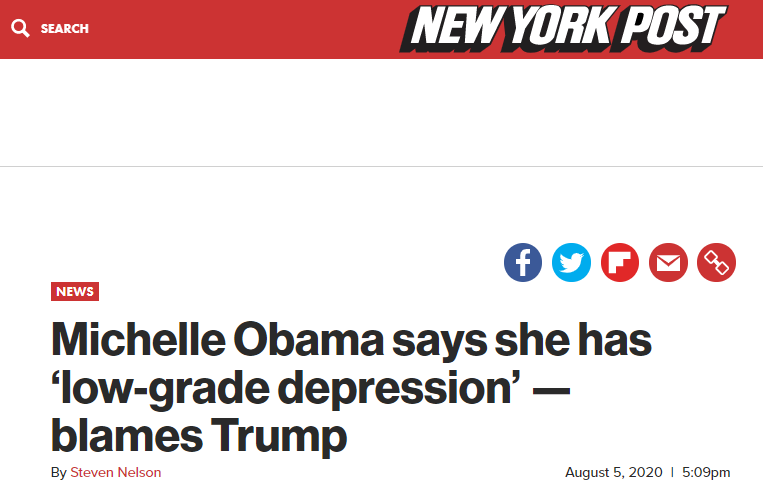 《纽约邮报》：米歇尔·奥巴马自曝“轻度抑郁”，并指责特朗普