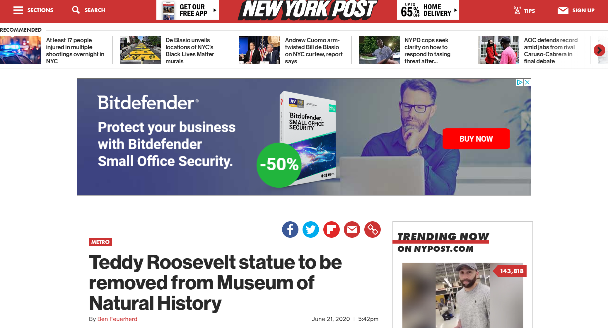 《纽约邮报》：罗斯福雕像将从自然历史博物馆移除
