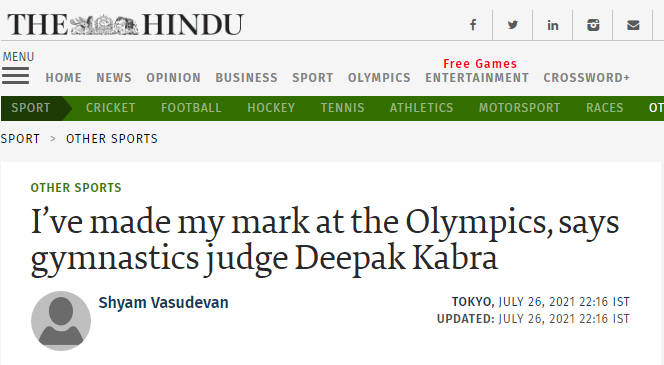 《印度教徒报》：体操裁判迪帕克·卡布拉说，我在奥运会上留下了自己的印记