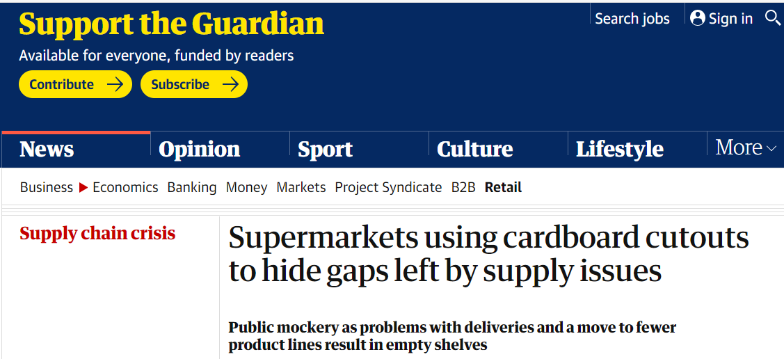 英国《卫报》：“超市利用纸板掩盖供应问题造成的（货架）亏空”