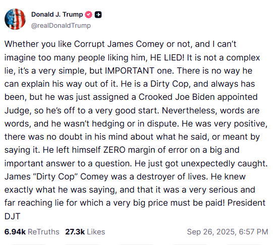 特朗普社交媒体帖文截图