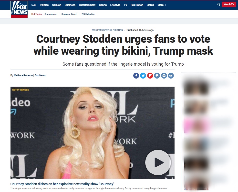 福克斯：寇特妮身穿比基尼、戴着特朗普面具，呼吁粉丝们去投票