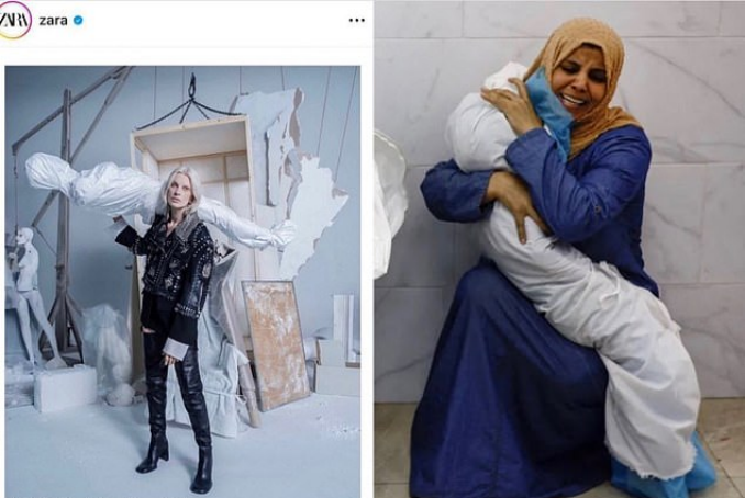 Zara广告宣传图内容被指责与加沙地带遇难者照片类似 图源：《每日邮报》引自网民对比图