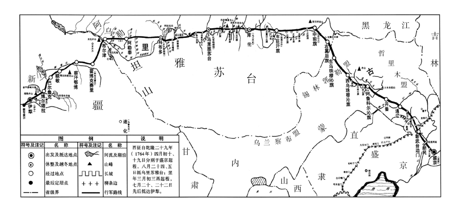 锡伯西迁路线示意图。（绘/关捷，来源/关伟：《略论锡伯族西迁及其历史贡献》）