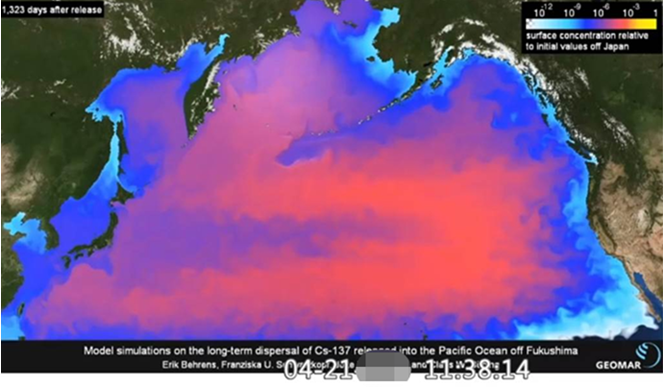 德国的海洋研究中心针对福岛核电站排放核污染水的洋流模拟视频。图自中时新闻网