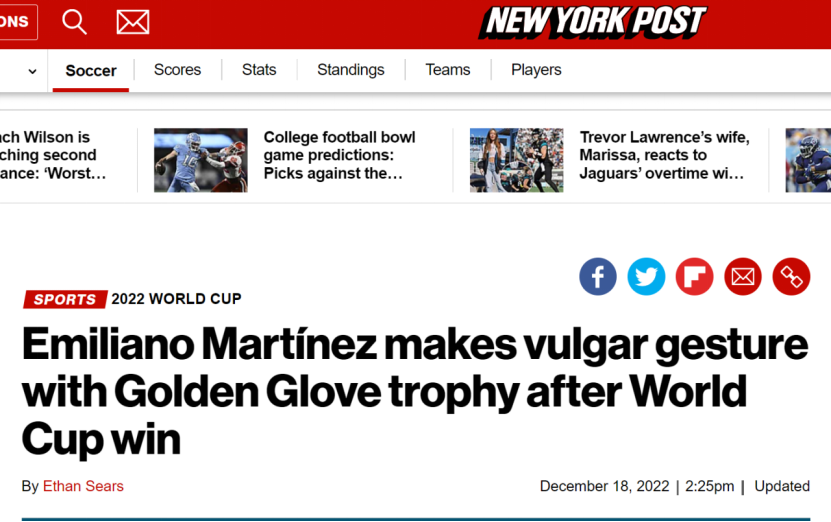 纽约邮报：埃米利亚诺·马丁内斯在世界杯夺冠后用金手套奖杯做出粗俗的姿势