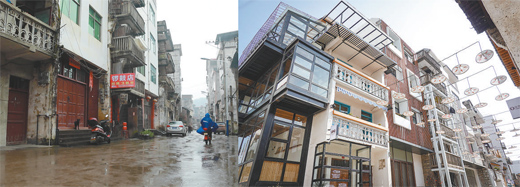 永新县幸福街街景改造前后对比，左图摄于2018年1月，右图摄于2020年12月。永新县融媒体中心供图