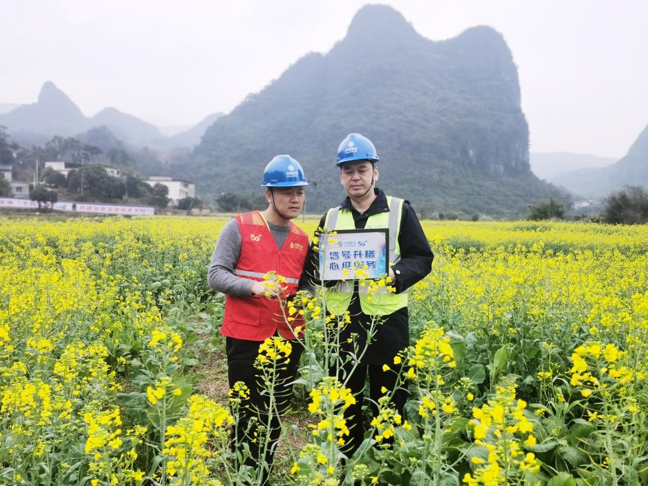 广西移动桂林分公司的网络工程师到金福村百亩油菜花田