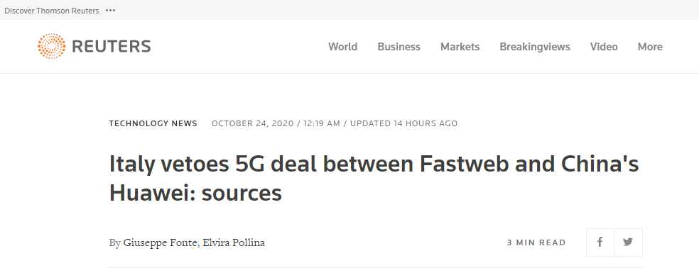 路透社报道：消息人士：意大利否决Fastweb和中国华为的5G协议