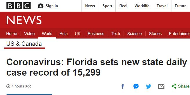 BBC：佛罗里达州单日新增15299例新冠肺炎确诊病例，创下州的新纪录