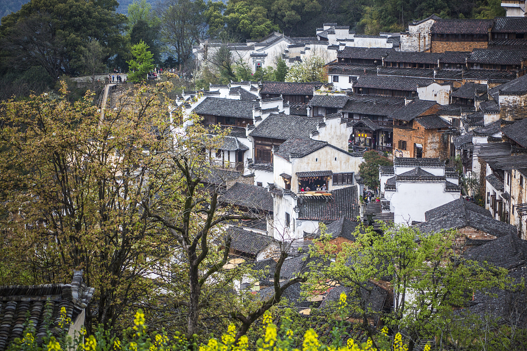 资料图：2019年3月26日，江西婺源，古村落油菜花盛开，风景如画游人如织游客在篁岭观景台上拍照留影。（图片来源：视觉中国）