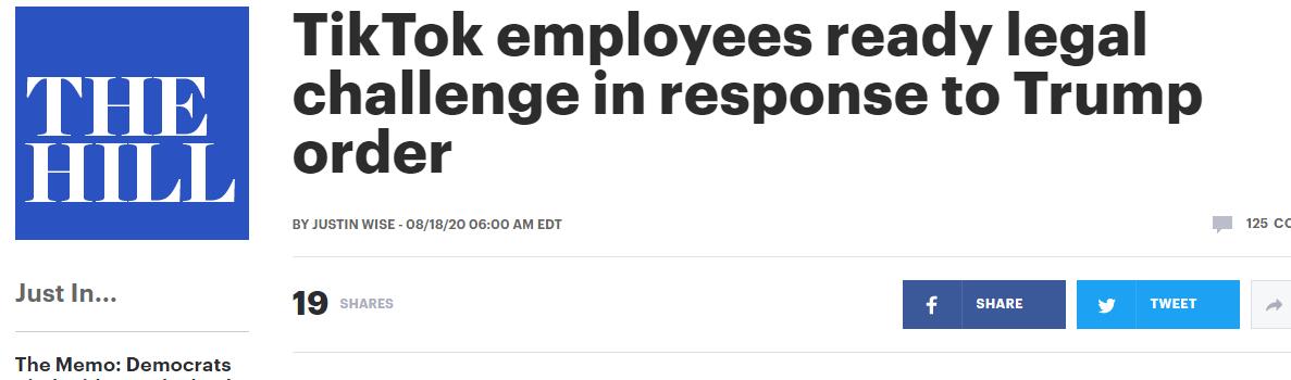 （《国会山报》：TikTok员工已准备好向总统特朗普针对TikTok颁布的禁令发起法律挑战）
