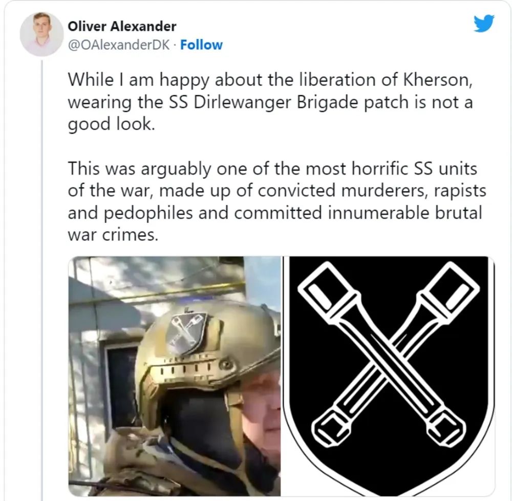 RT援引一位对赫尔松被乌方控制“感到高兴”，却对这种标识出现在乌士兵中感到不满的网友评论