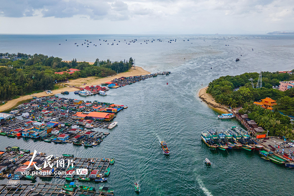 2023年11月22日,海南省陵水黎族自治县新村港,游客乘坐渔船在疍家渔排