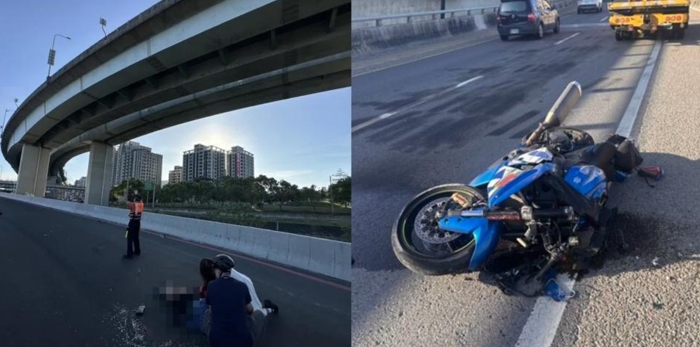 10日下午,台湾一男子骑摩托车冲破护栏,从高架桥上坠落。图源:台媒