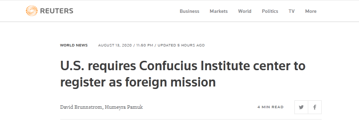 路透社：美国要求孔子学院（美国）中心登记为“外国使团”