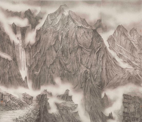 《山鸣谷应》,尺寸240*280cm,水墨绢本