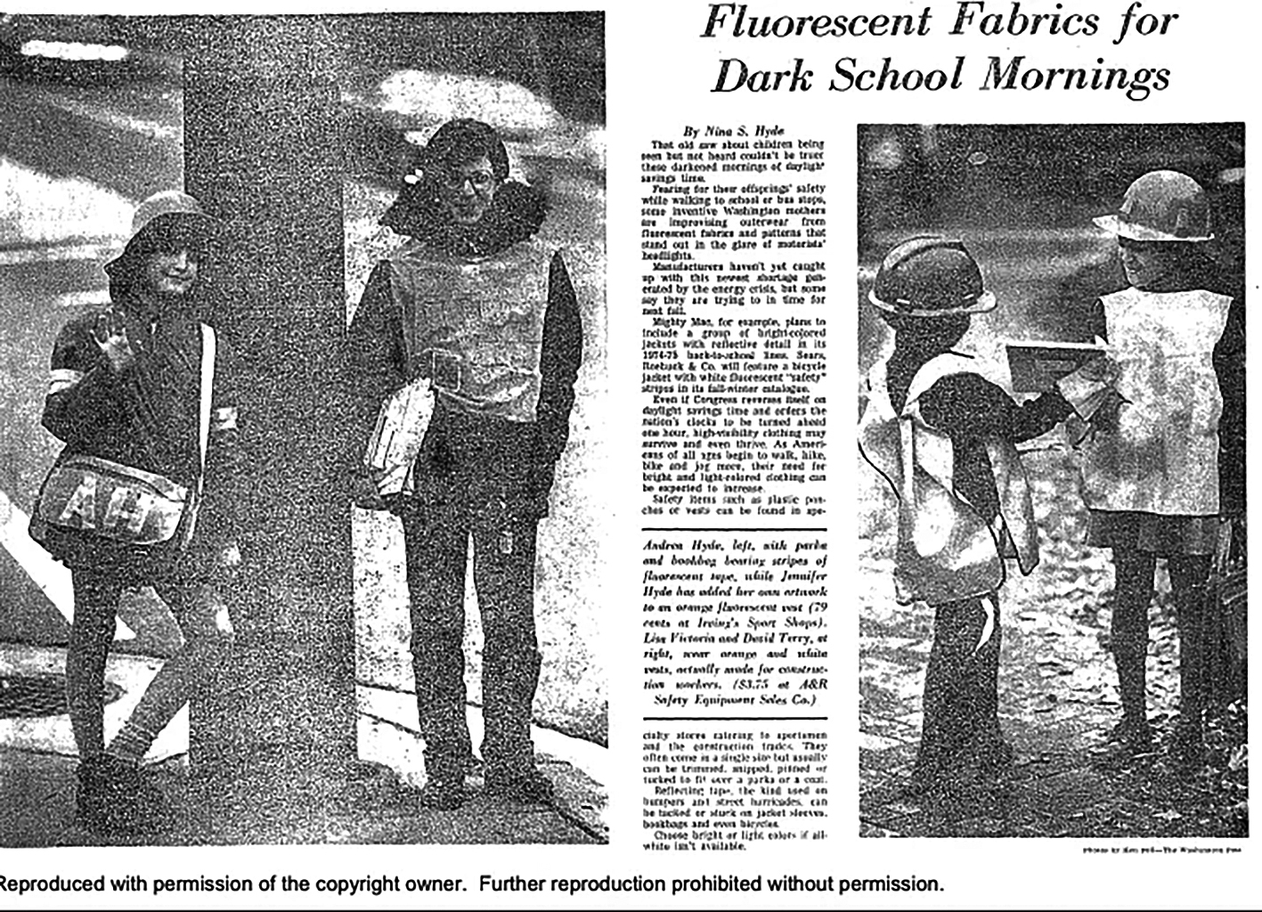 1974年2月，《华盛顿邮报》报道美国母亲为孩子制作反光外套。