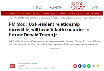 《今日印度》：小唐纳德·特朗说，莫迪总理和美国总统的关系令人难以置信，将对两国未来有所裨益