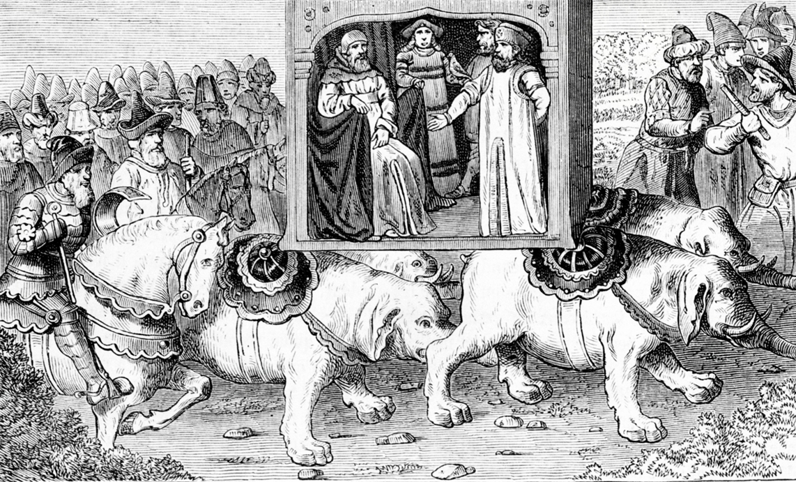 欧洲人根据马可·波罗的游记内容形成的艺术作品——“伟大的大汗在4头大象抬着的房间里”。（法新社）