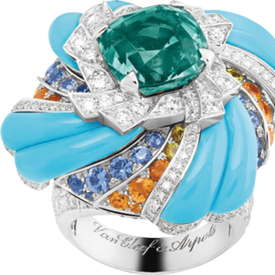 梵克雅宝 twist 戒指,海蓝宝,彩色蓝宝石,绿松石及钻石绿松石 形似球