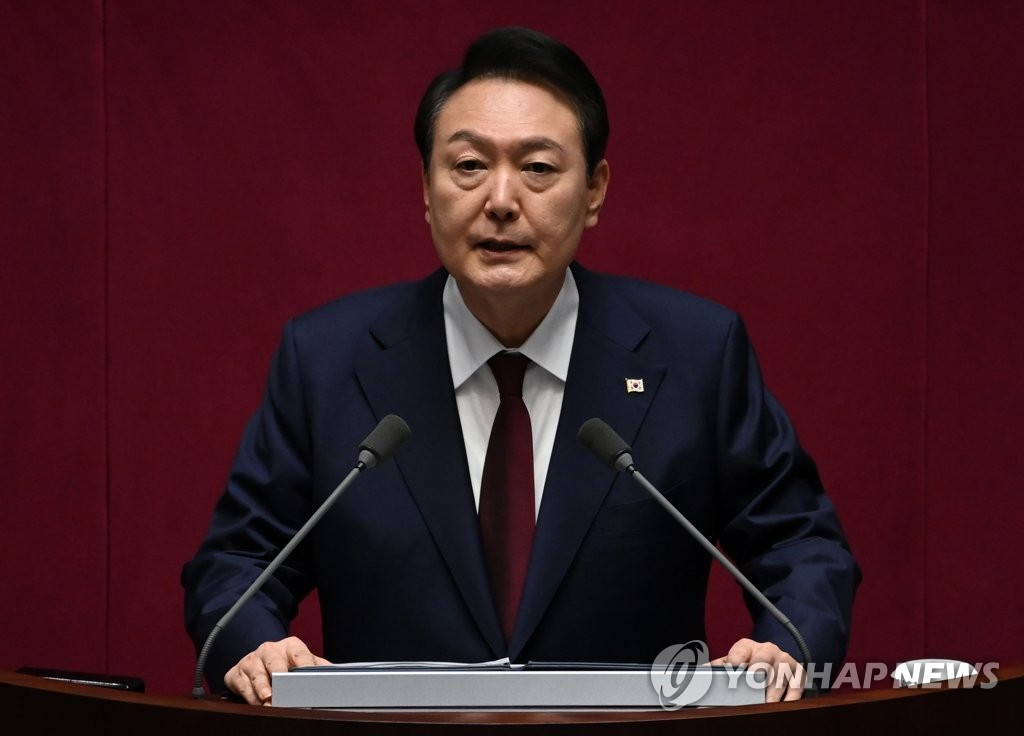 10月25日，在韩国国会，总统尹锡悦就2023年度预算案发表施政演说。图自韩联社