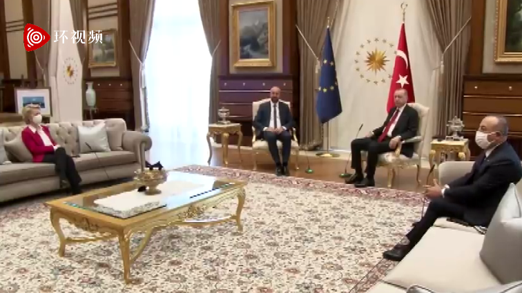 视频截图：冯德莱恩坐到沙发上。对面则是土耳其外长查武什奥卢